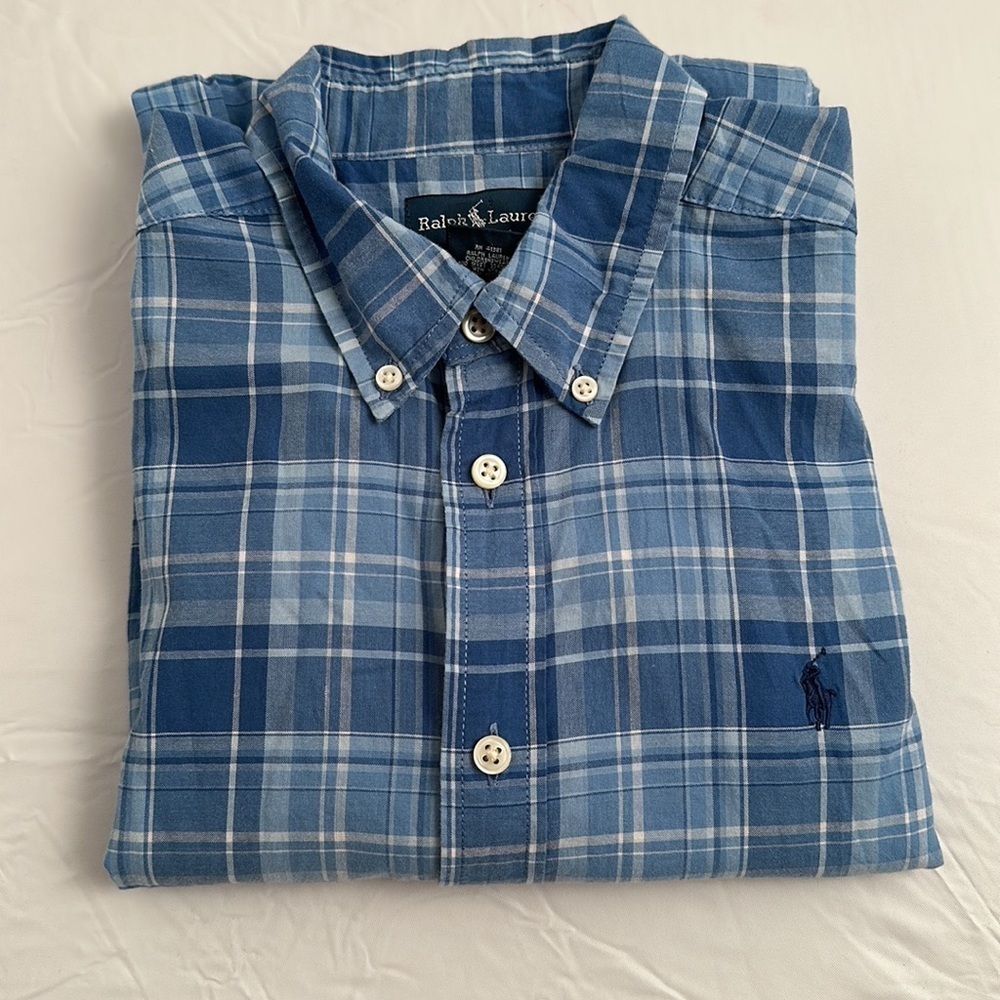 Ralph Lauren Polo navy blue white plaid short sleeve button down shirt